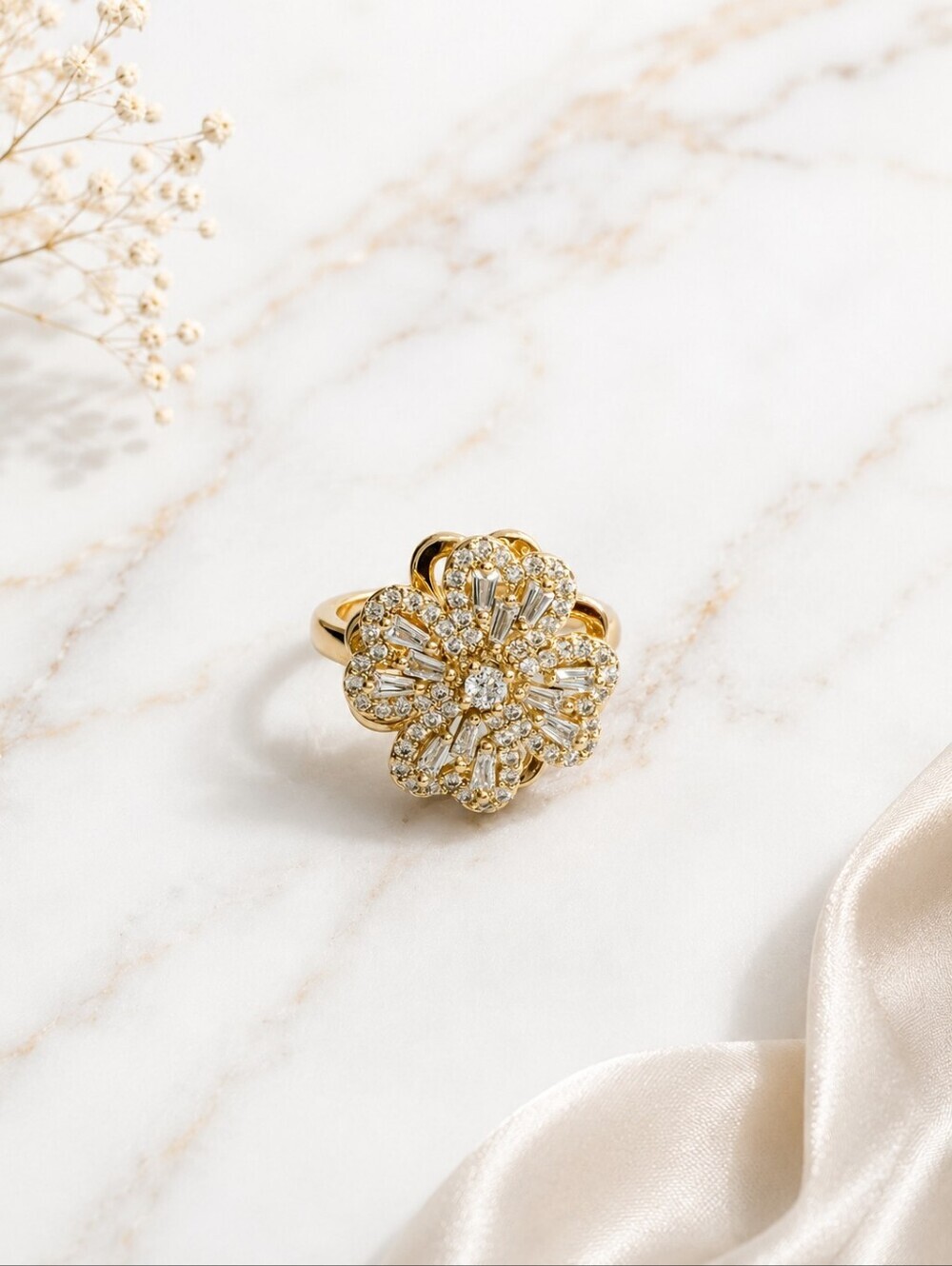 Rotating Anxiety Ring Adjustable Gold Floral Spinner Ring Crystal Statement